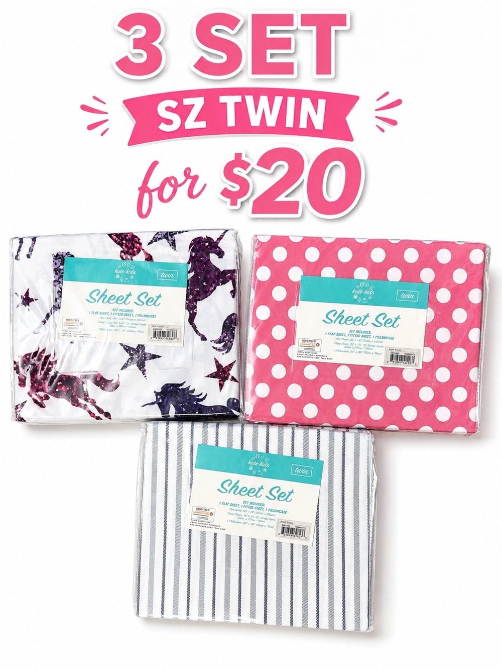 Macy's Kids 3-Piece Twin Sheet Set - Pink, White, Gray